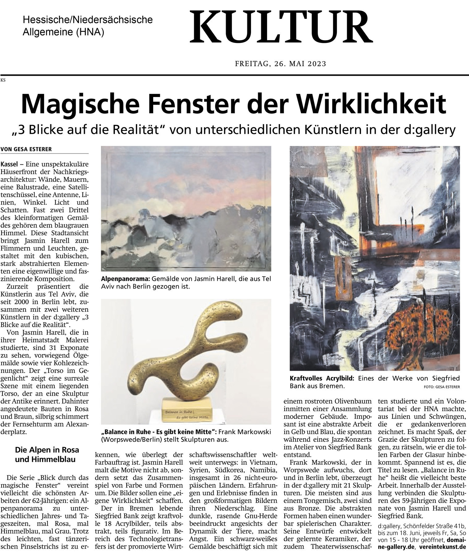 Zeitungsartikel der HNA: Magische Fenster der Wirklichkeit von Gesa Esterer