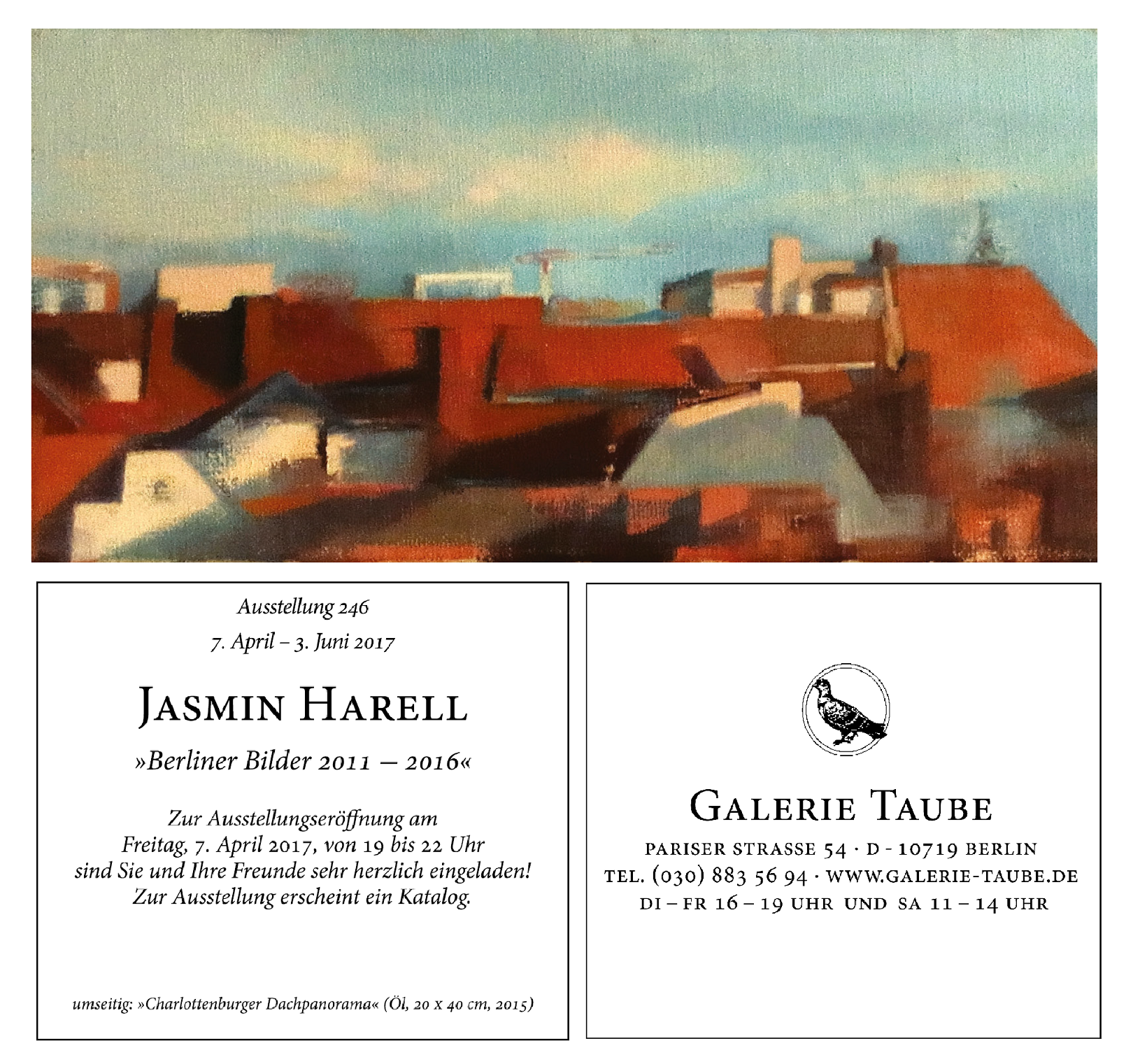 Einladungskarte der Galerie Taube mit Charlottenburger Dachpanorama